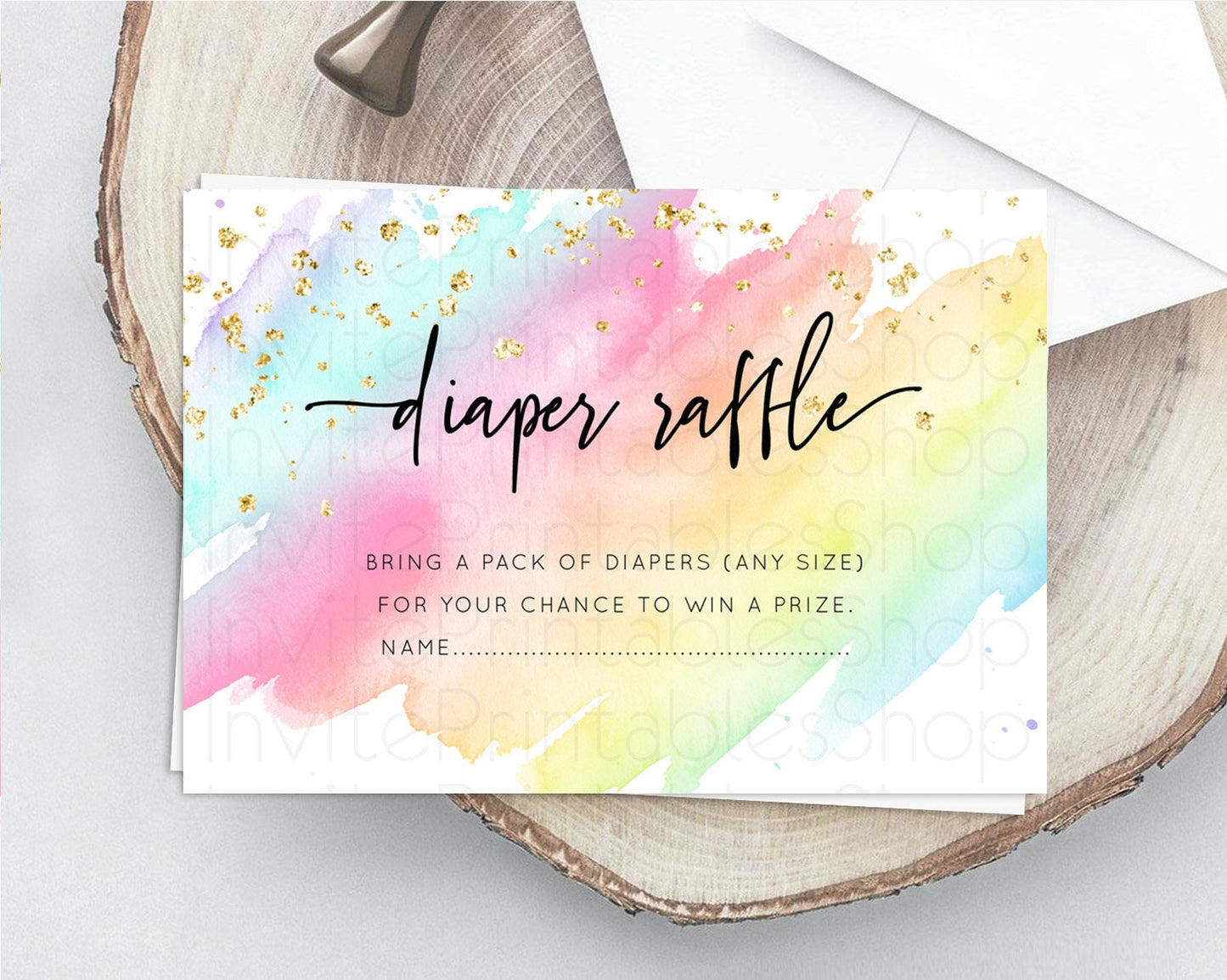 Pastel Diaper Raffle Card Pastel Rainbow Diaper Raffle Insert Colorful Ombre Watercolor Diaper Ticket Confetti Glitter Raffle Game D10495