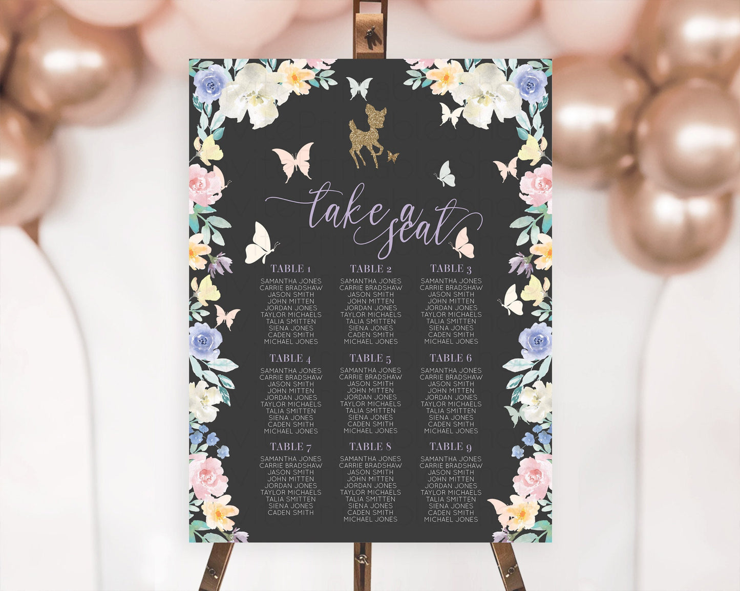 Fawn Seating Chart Deer Seating Chart Enchanted Forest Party Butterfly Pastel Flowers Whimsical Seating Chart Woodland Seating Sign D10323