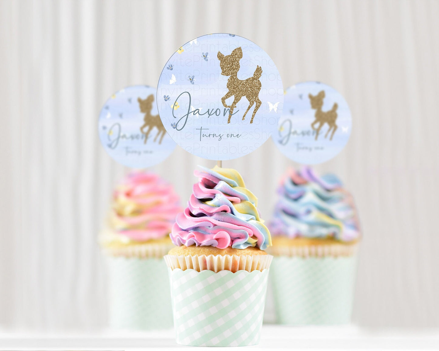 Fawn Cupcake Toppers Deer Cupcake Toppers Enchanted Forest Party Butterfly Pastel Flowers Woofland Cupcake Toppers First Birthday D10863