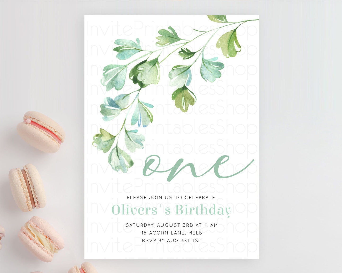 Leafy Birthday Invitation Leafy Invitation Simple Greenery Invitation Eucalyptus Fern Spray Leaves Minimal Green Leaf Watercolour D11057