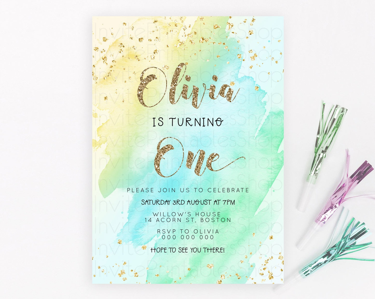 Rainbow Birthday Invitation Colorful Pastel Watercolor Invitation Gold Glitter Sprinkles Ombre Pastel 1st 2nd 3rd Birthday D23289