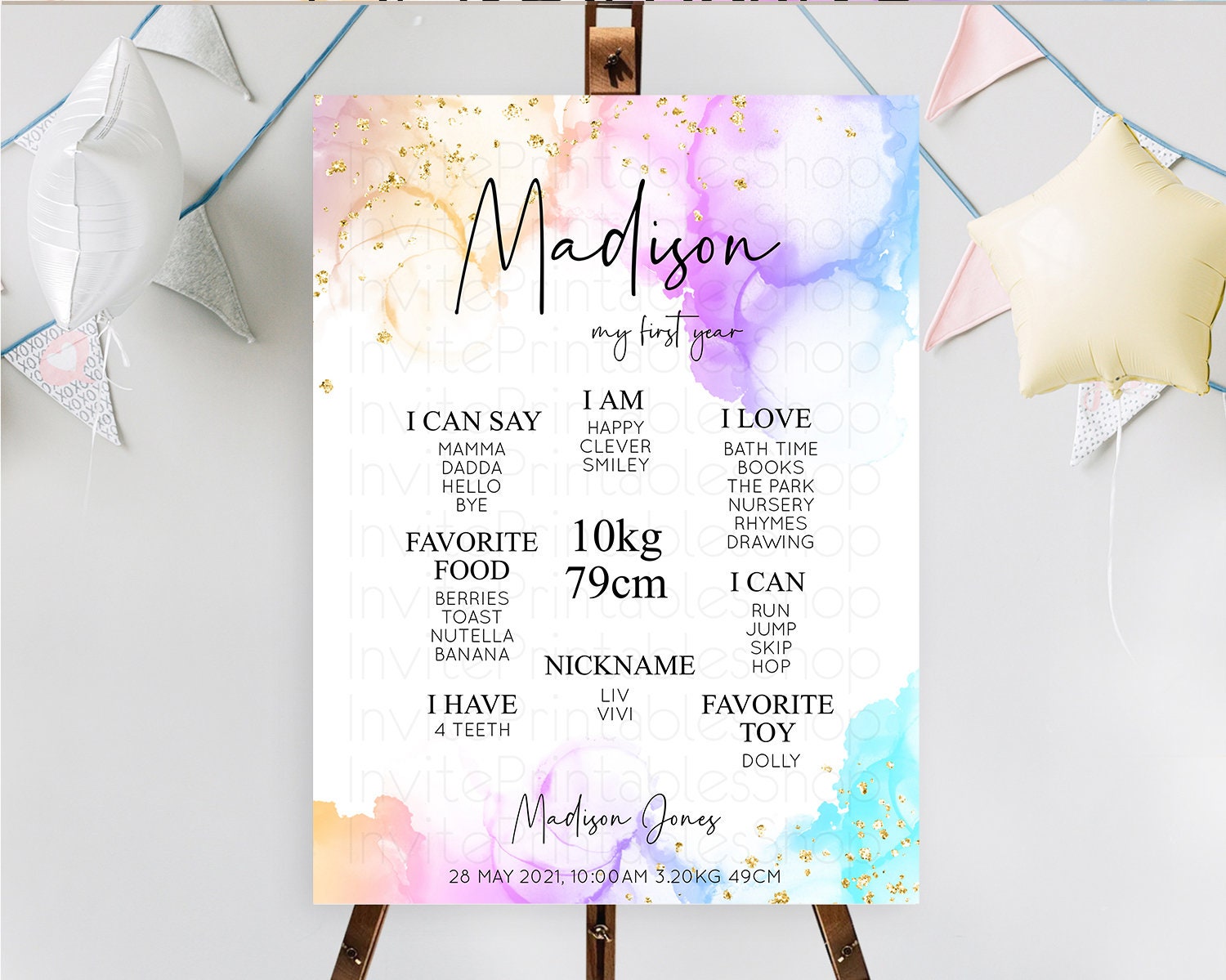 Editable Pastel First Birthday Milestone Board Pastel Rainbow Milestone Post